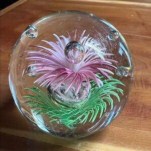 Large pink green flower art glass paperweight  Country Cottage Farmhouse Decor